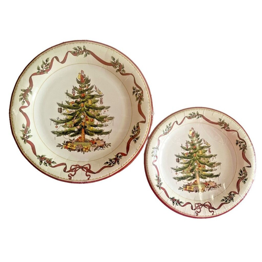 Spode Christmas Tree Holly & Ribbon 16 Dinner & 16 Dessert Coated Paper Plates